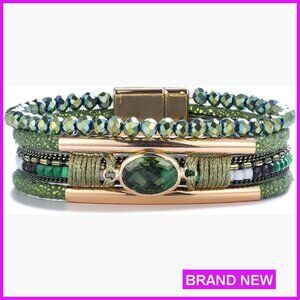 Boho Wrap Bracelet Crystal Beads Leather Cuff Statement Jewelry with Magnetic